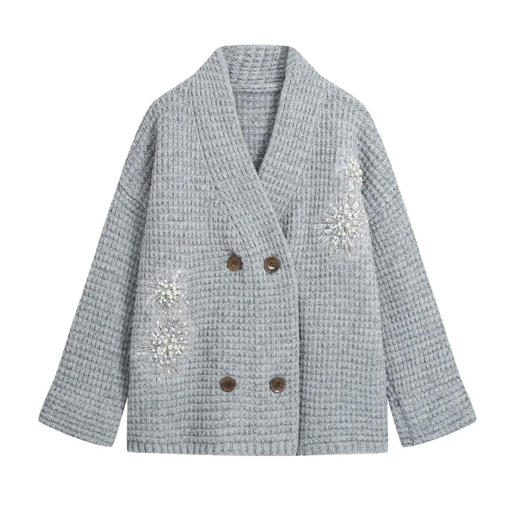 Women's Waffle Knit Cardigan with Double-Breasted Button Placket and Decorative Application Mune Fashion