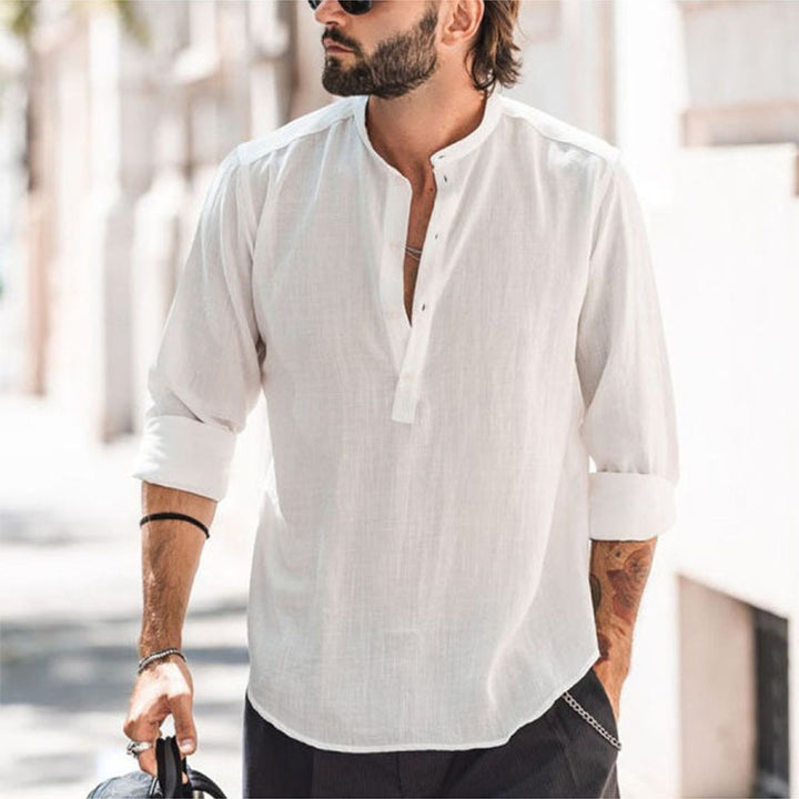 Men's casual shirt with stand-up collar, short button placket, and rounded hem Mune Fashion