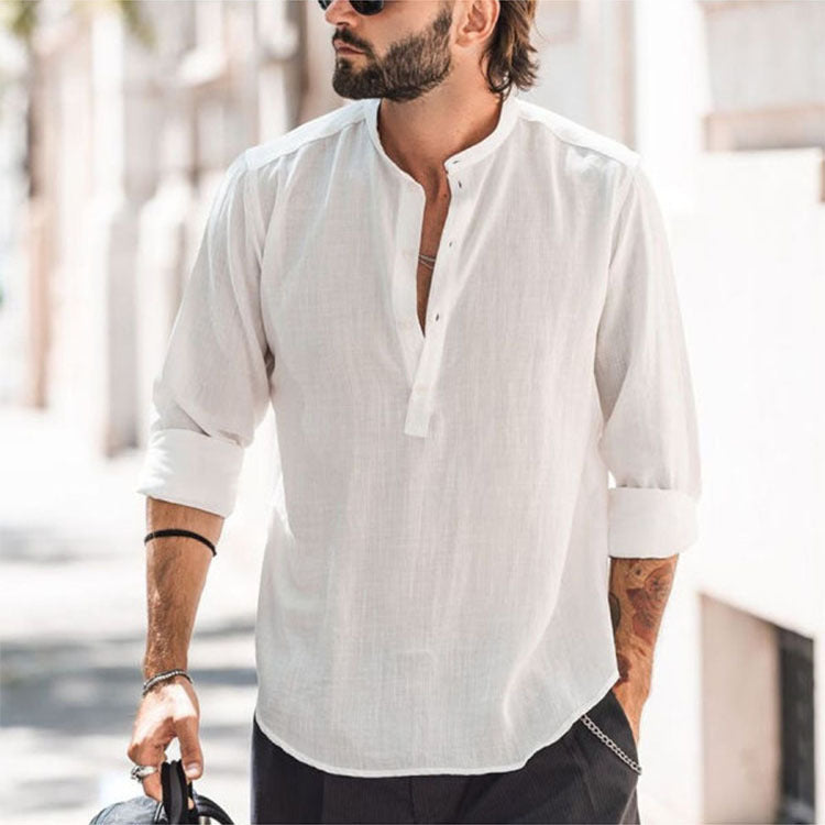 Men's casual shirt with stand-up collar, short button placket, and rounded hem Mune Fashion