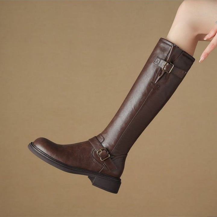 Women's Knee-High Combat Boots with Smooth Leather Look, Side Zipper and Decorative Buckles Mune Fashion