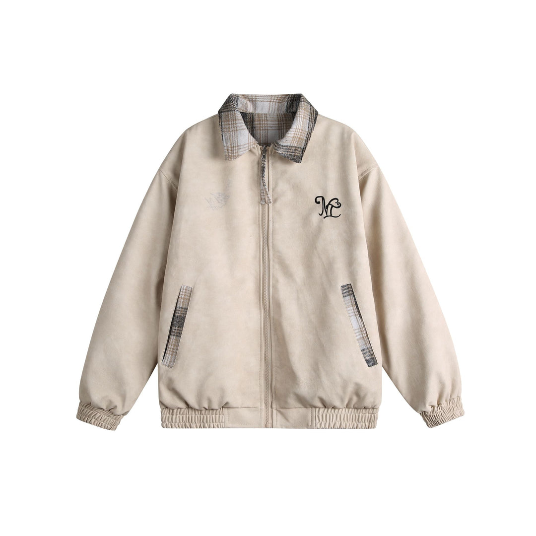 Women's short cut boxy jacket in suede look with checked collar and elastic hem Mune Fashion