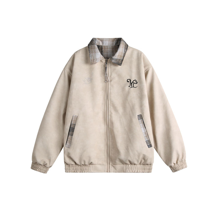 Women's short cut boxy jacket in suede look with checked collar and elastic hem Mune Fashion