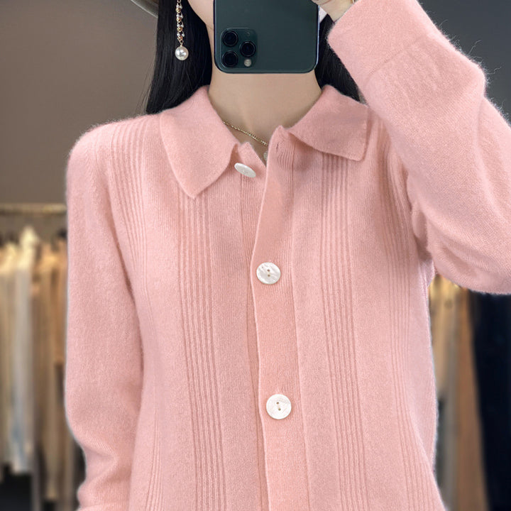 Women's button cardigan with shirt collar and fine vertical ribbed texture Mune Fashion