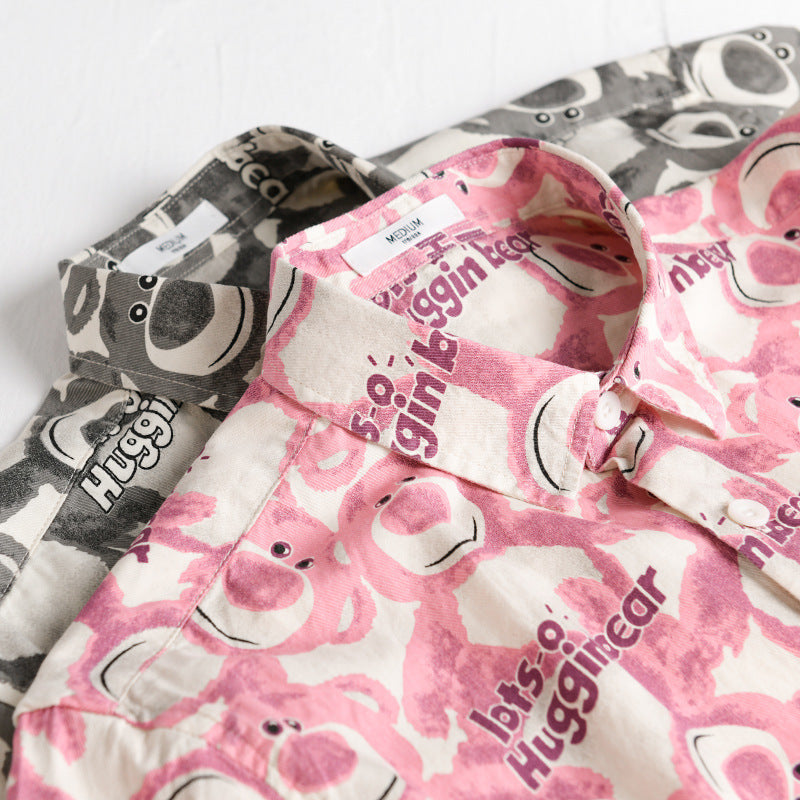 Men's Casual Loose-Fit Shirt with Full Button Placket, Chest Pocket, and Playful Allover Bear Print Mune Fashion