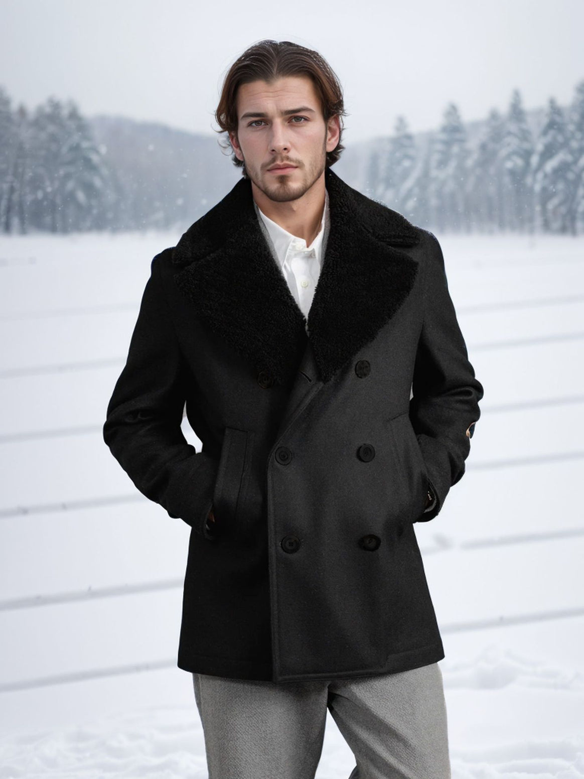 Men's double-breasted short coat made of wool blend with large teddy collar Mune Fashion