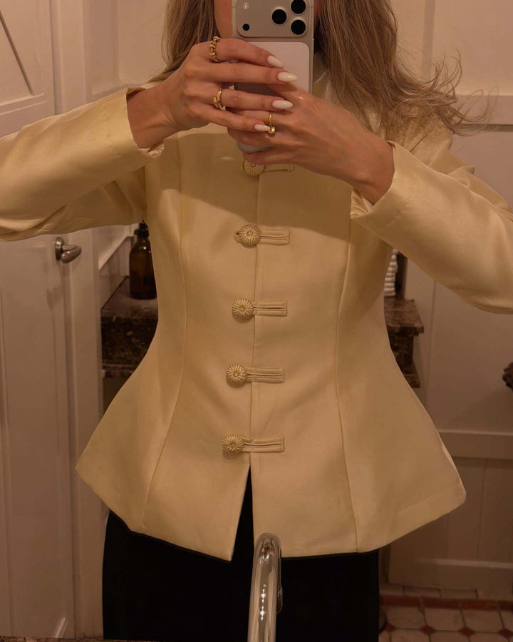 Women's Tailored Satin Blazer with Stand Collar, Decorative Cord Buttons and Peplum Mune Fashion