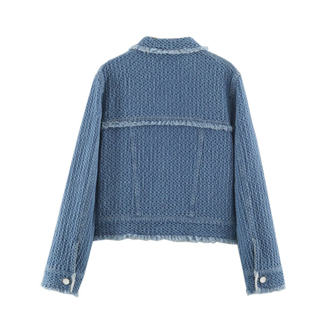 Women's Short Cut Boucle Tweed Boxy Jacket with Fringe Trim and Applied Flap Pockets Drune