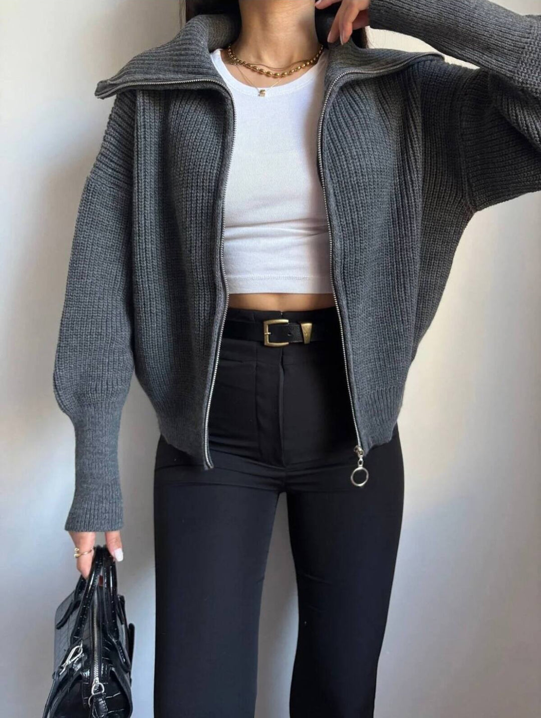 Women's Oversized Cardigan with Zipper and High Collar Mune Fashion