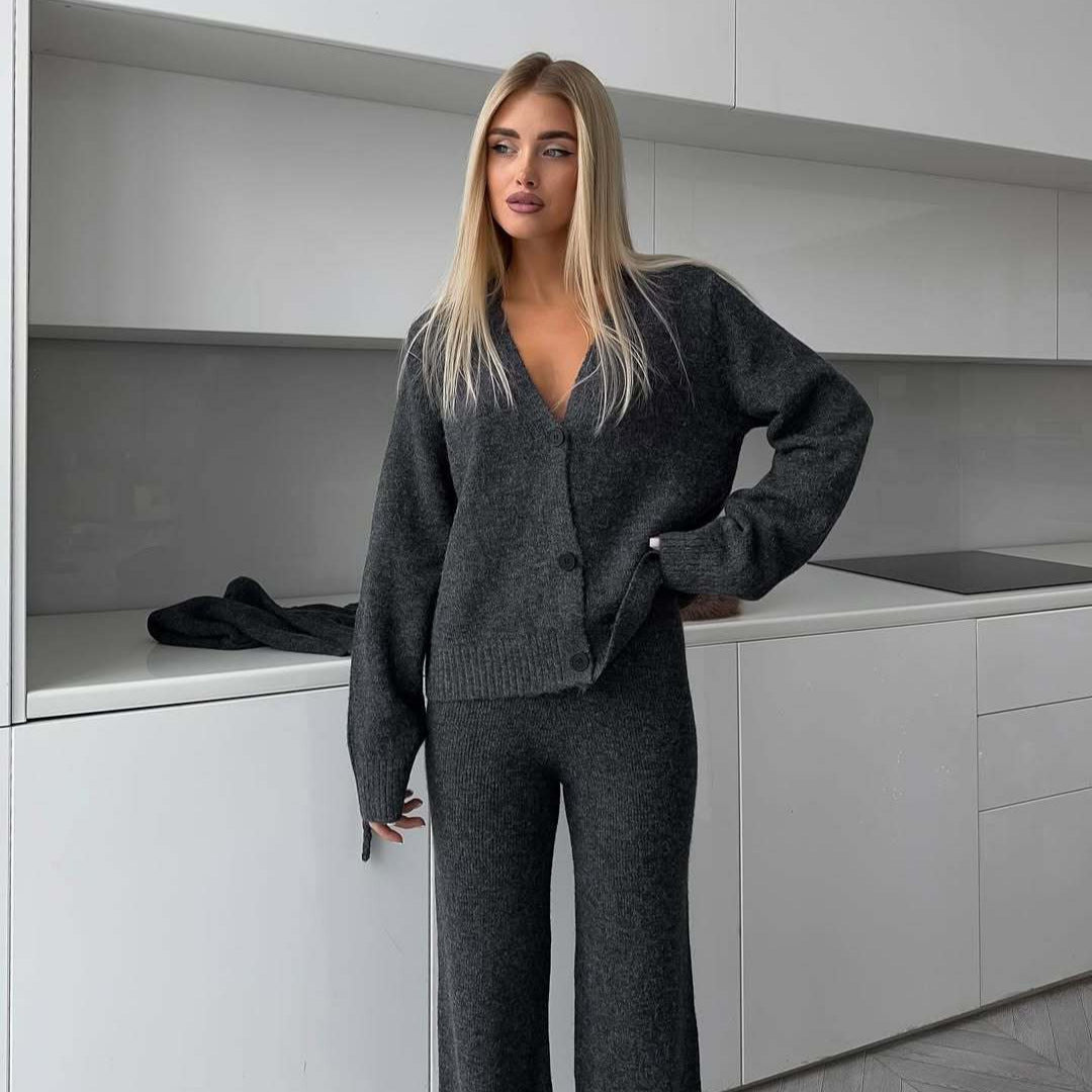 Women's cozy fine knit cardigan set with V-neck and high-cut flared pants Mune Fashion