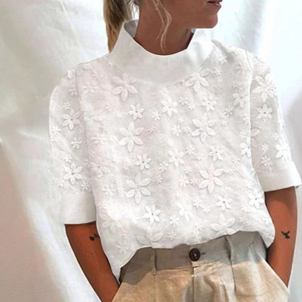 Women's embroidered short-sleeve blouse with stand-up collar and three-dimensional flower appliqué Mune Fashion