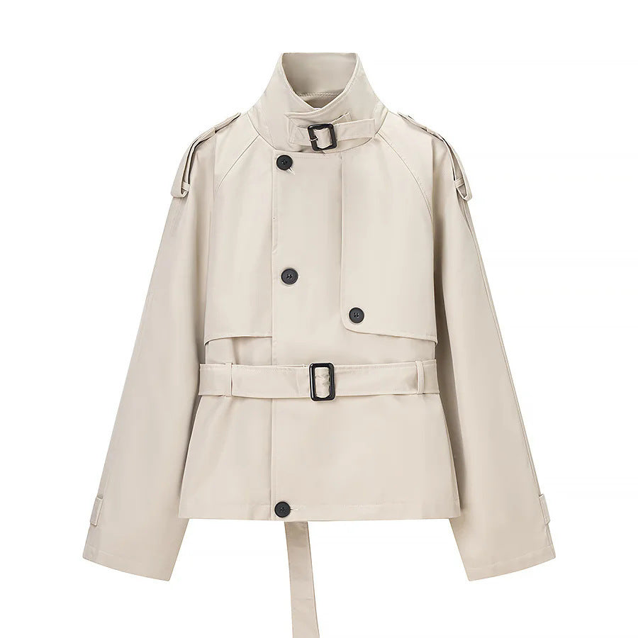 Ladies nan short trench coat with stand-up collar, shoulder flaps and waist belt Mune Fashion