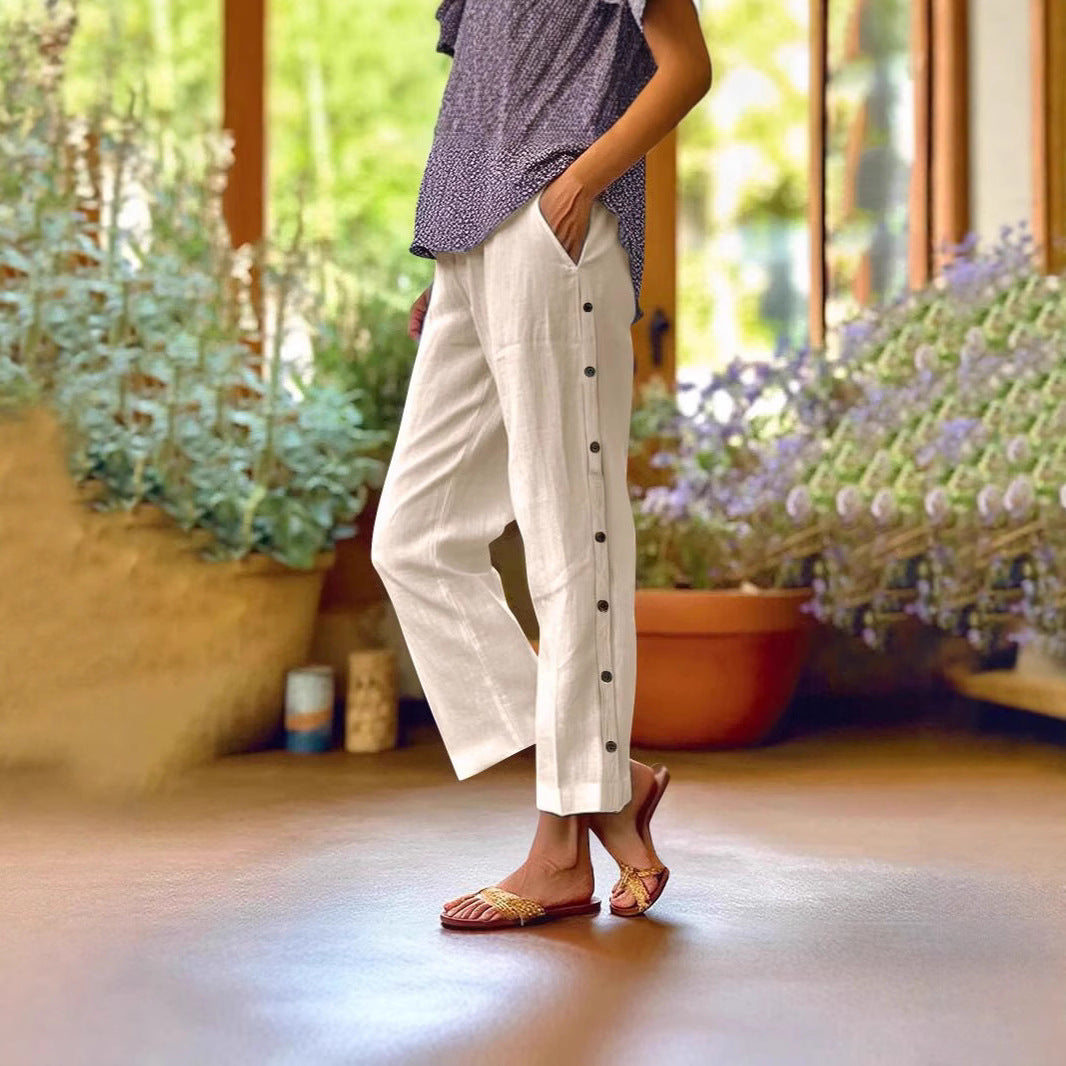 Women Light Linen Blend Pants with Side Button Placket and Straight Cropped Cut Mune Fashion