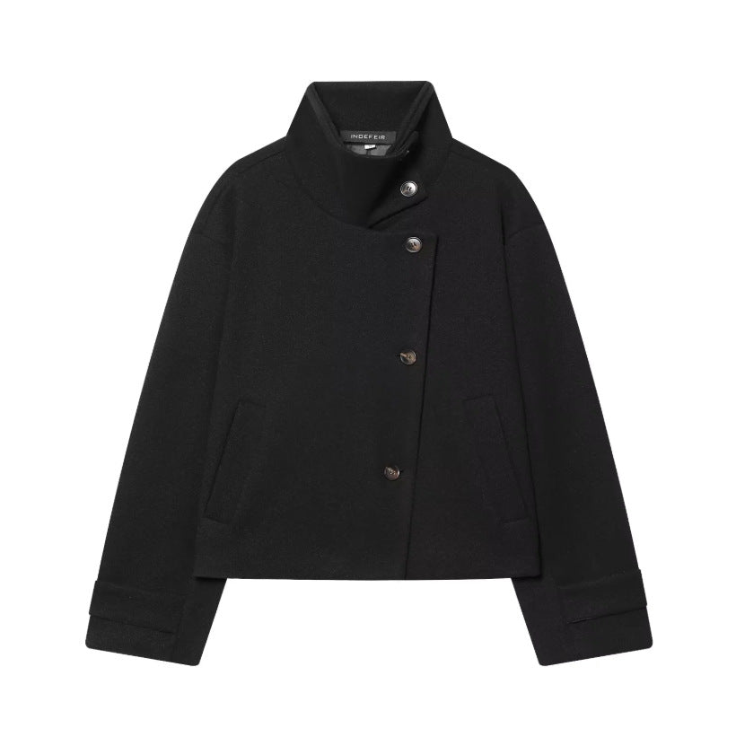 Women's Cropped Wool Blend Short Jacket with High Stand Collar, Asymmetric Button Placket and Cuffed Sleeves Mune Fashion