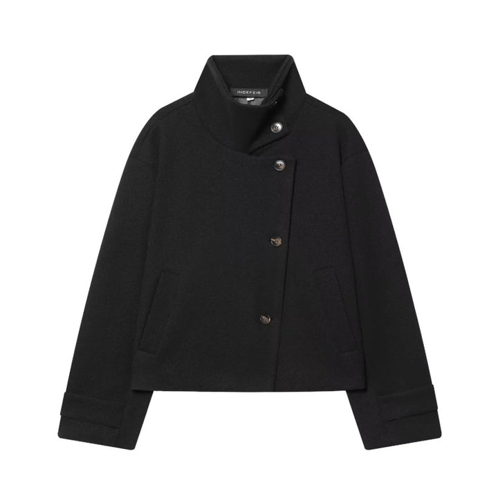 Women's Cropped Wool Blend Short Jacket with High Stand Collar, Asymmetric Button Placket and Cuffed Sleeves Mune Fashion