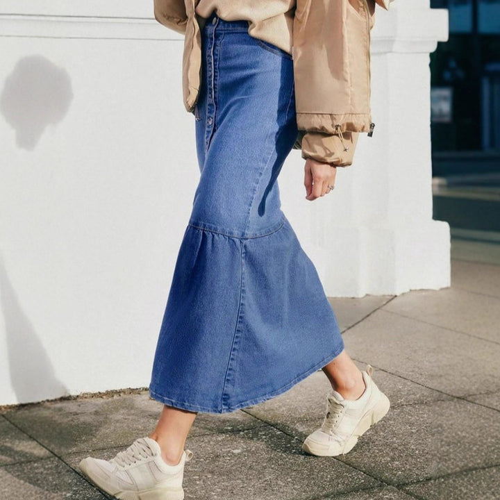 Women High-Waisted Maxi Denim Skirt with Continuous Button Placket and High Front Slit Mune Fashion