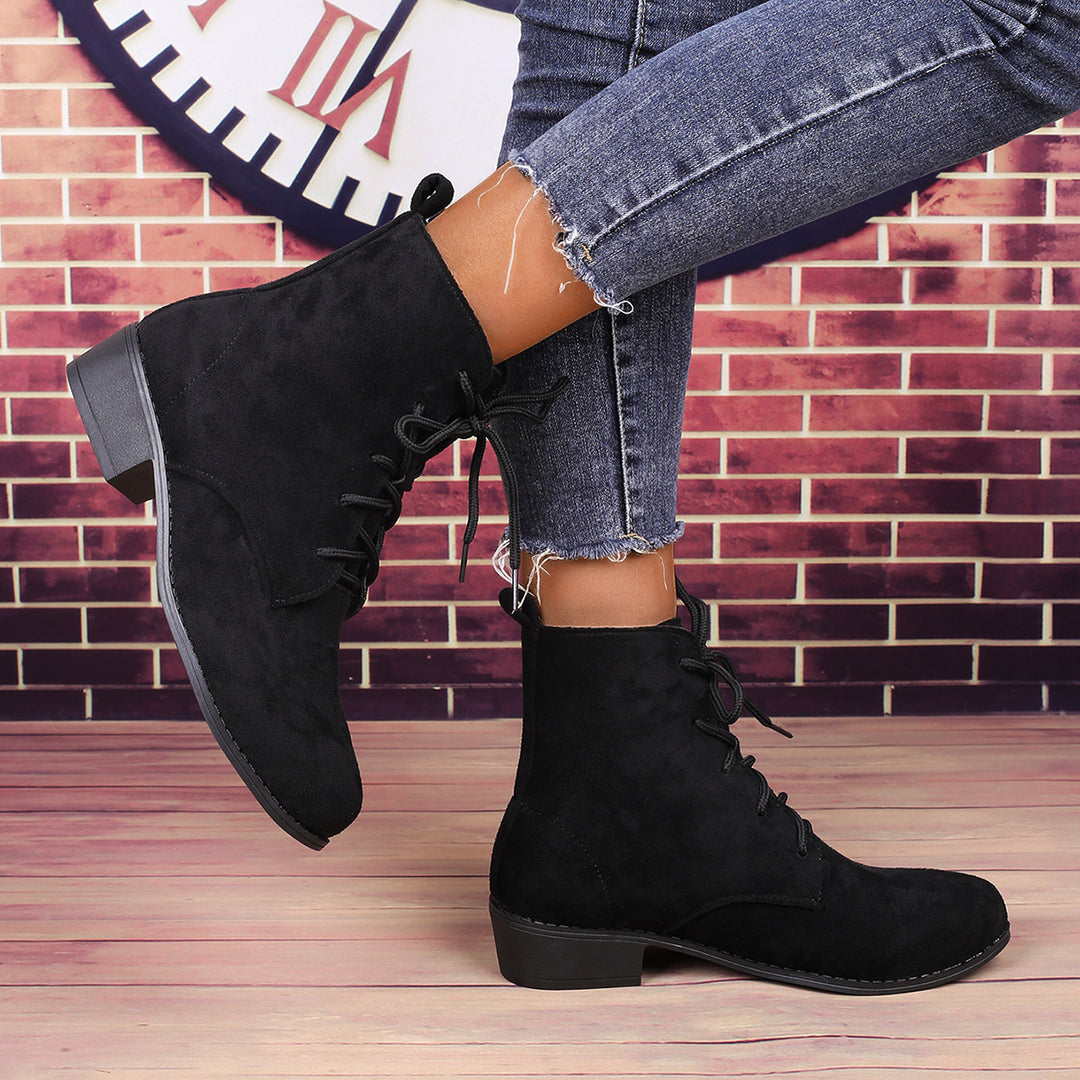 Women’s ankle-high lace-up ankle boots with a soft suede look, practical pull tab, and low block heel Mune Fashion