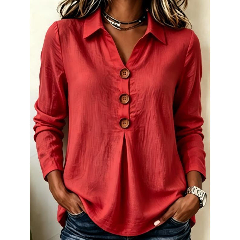 Women's long sleeve blouse with wooden button placket and front pleat Mune Fashion