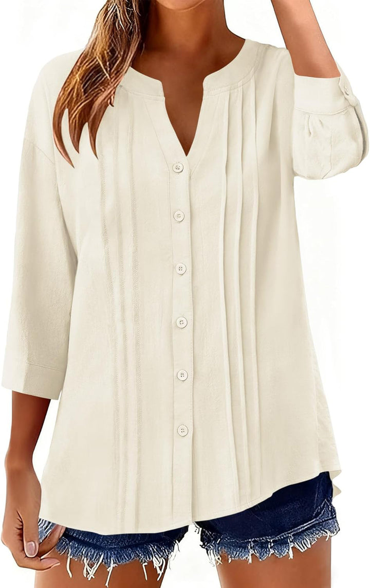 Women Loose Tunic Shirt with Pleats and Three-Quarter Sleeves Mune Fashion
