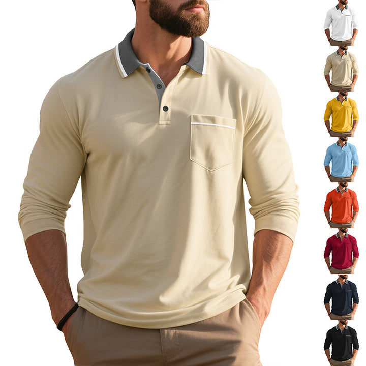 Men's long-sleeved polo shirt with contrast collar, chest pocket, and fine cotton stretch Mune Fashion