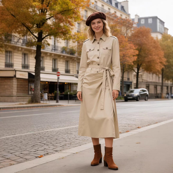 Ladies' shirt dress with knot tie belt, flap pockets and slim waist Mune Fashion