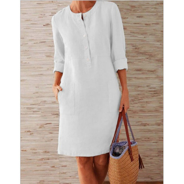 Women loose-fitting linen-look dress with three-quarter sleeves, button placket and side pockets Mune Fashion