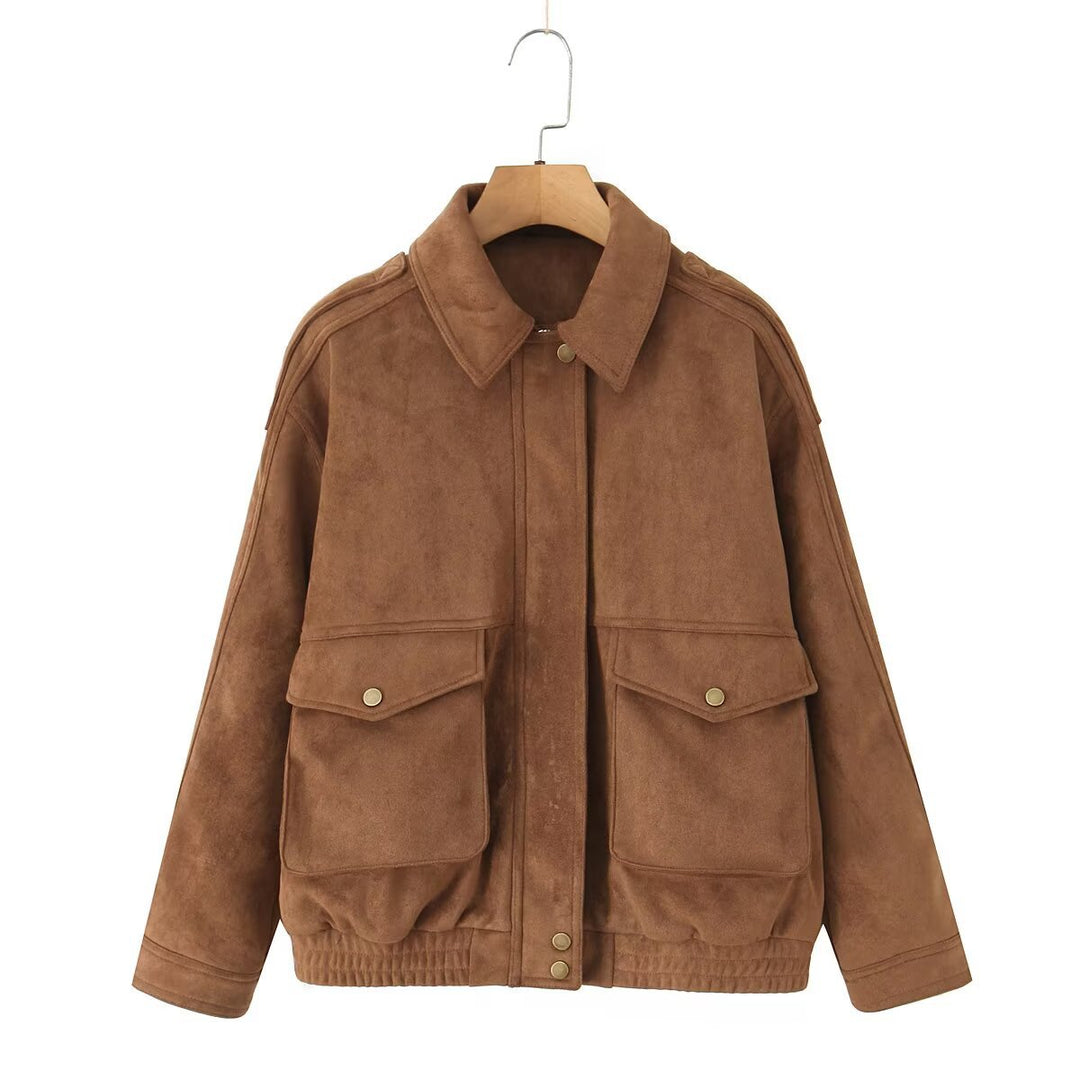 Women's Oversize Suede-Look Bomber Jacket with Flap Pockets and Elastic Hem Mune Fashion