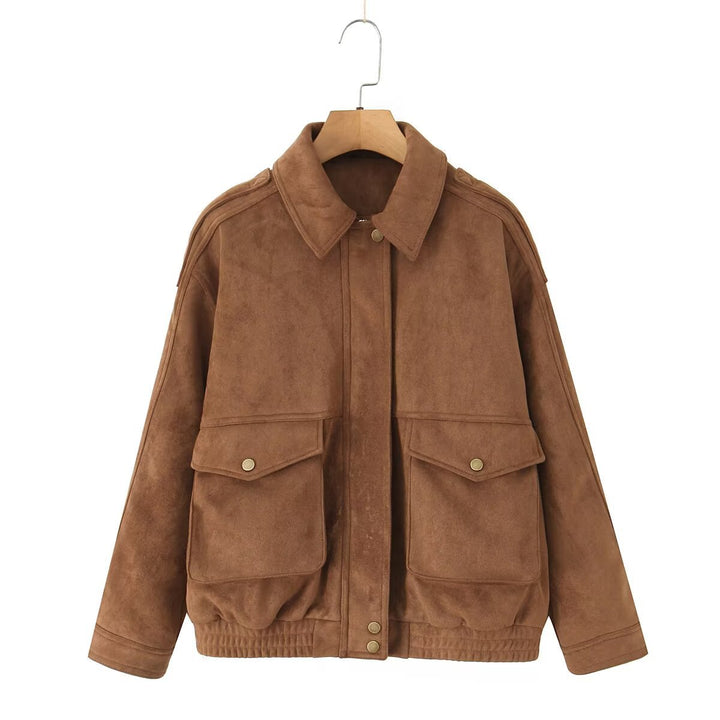 Women's Oversize Suede-Look Bomber Jacket with Flap Pockets and Elastic Hem Mune Fashion