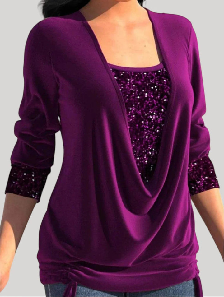 Women's Fashion Draped Sweater with Glitter Accents