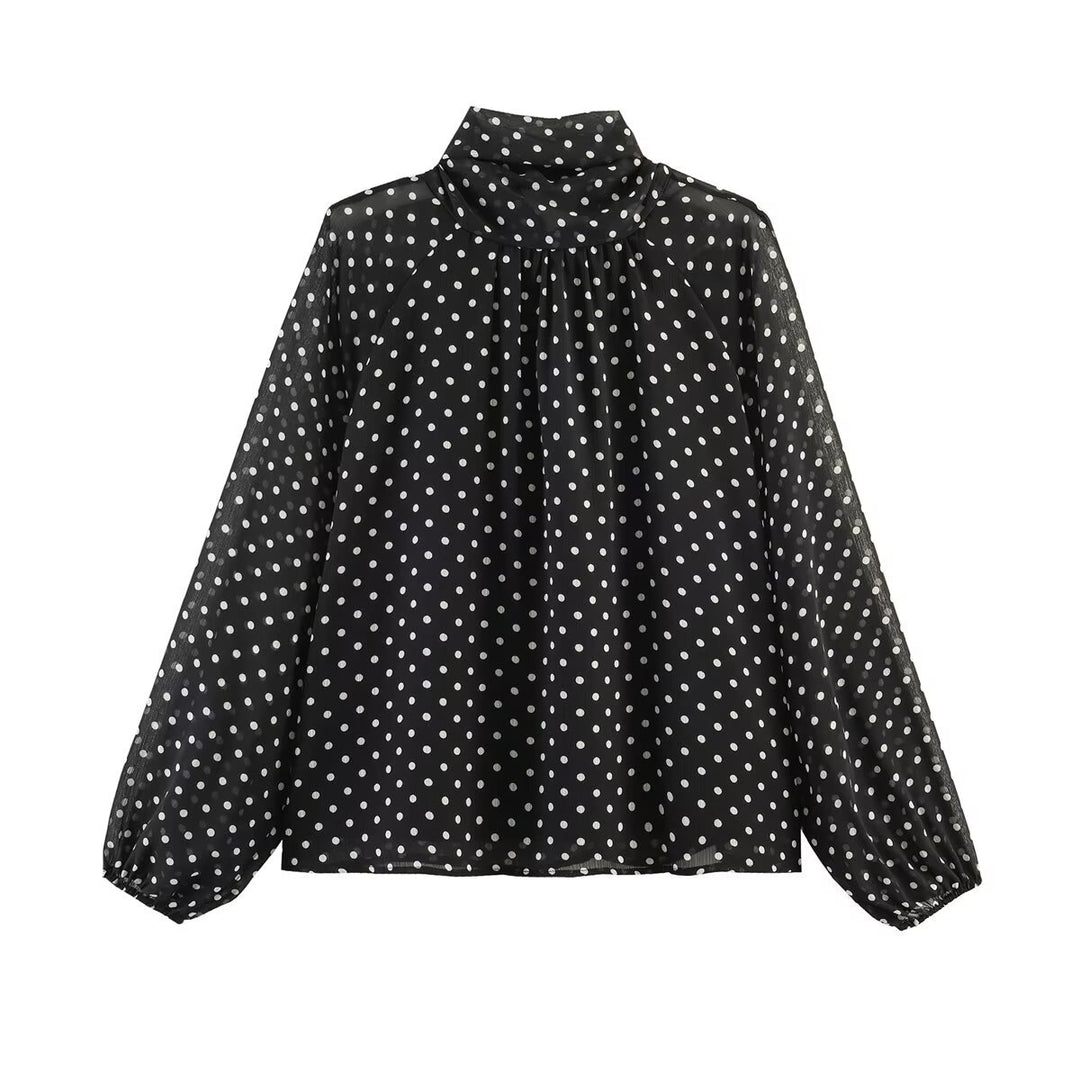 Women's lightweight polka dot blouse with gathered stand collar, frill yoke, and balloon sleeves Mune Fashion