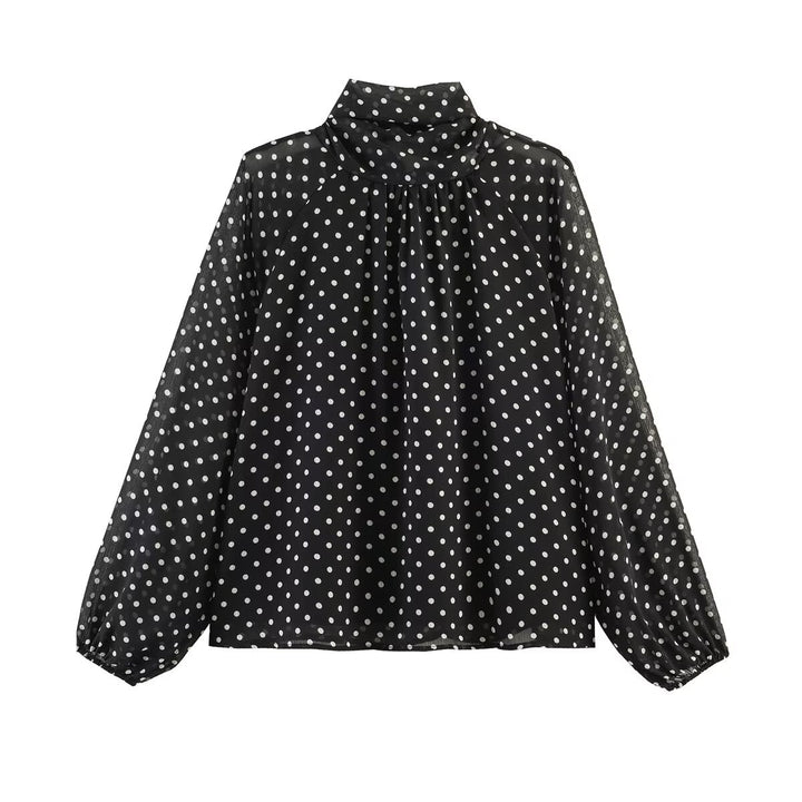 Women's lightweight polka dot blouse with gathered stand collar, frill yoke, and balloon sleeves Mune Fashion