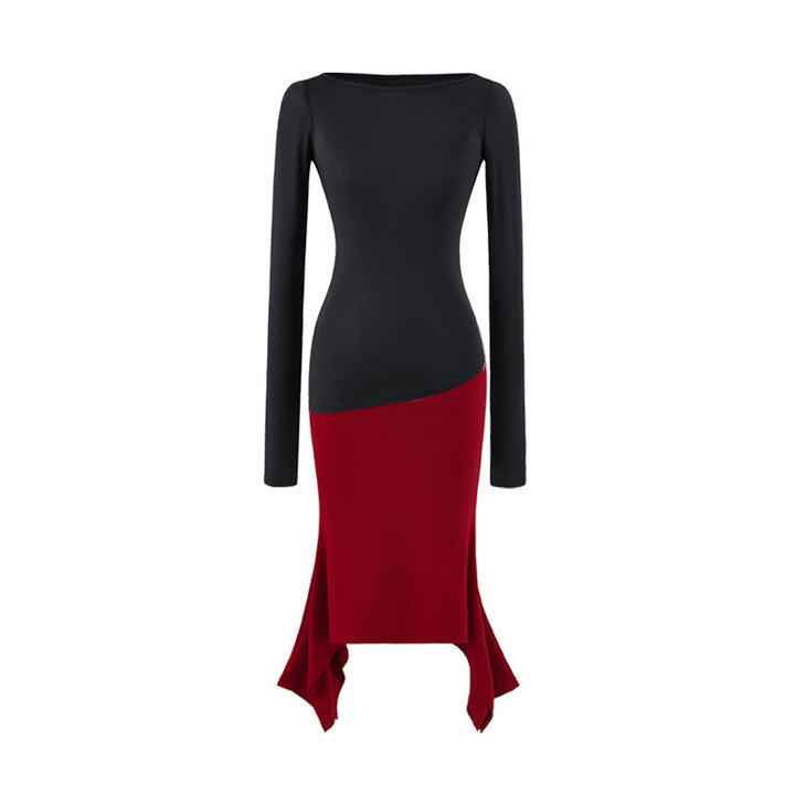 Women Figure-Hugging Midi Dress with Asymmetrical Hem and Panel Design Mune Fashion
