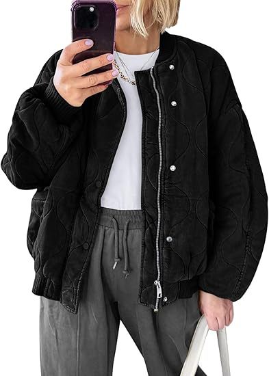 Women's Padded Oversized Quilted Bomber Jacket with Ribbed Cuffs and Decorative Stitching Mune Fashion