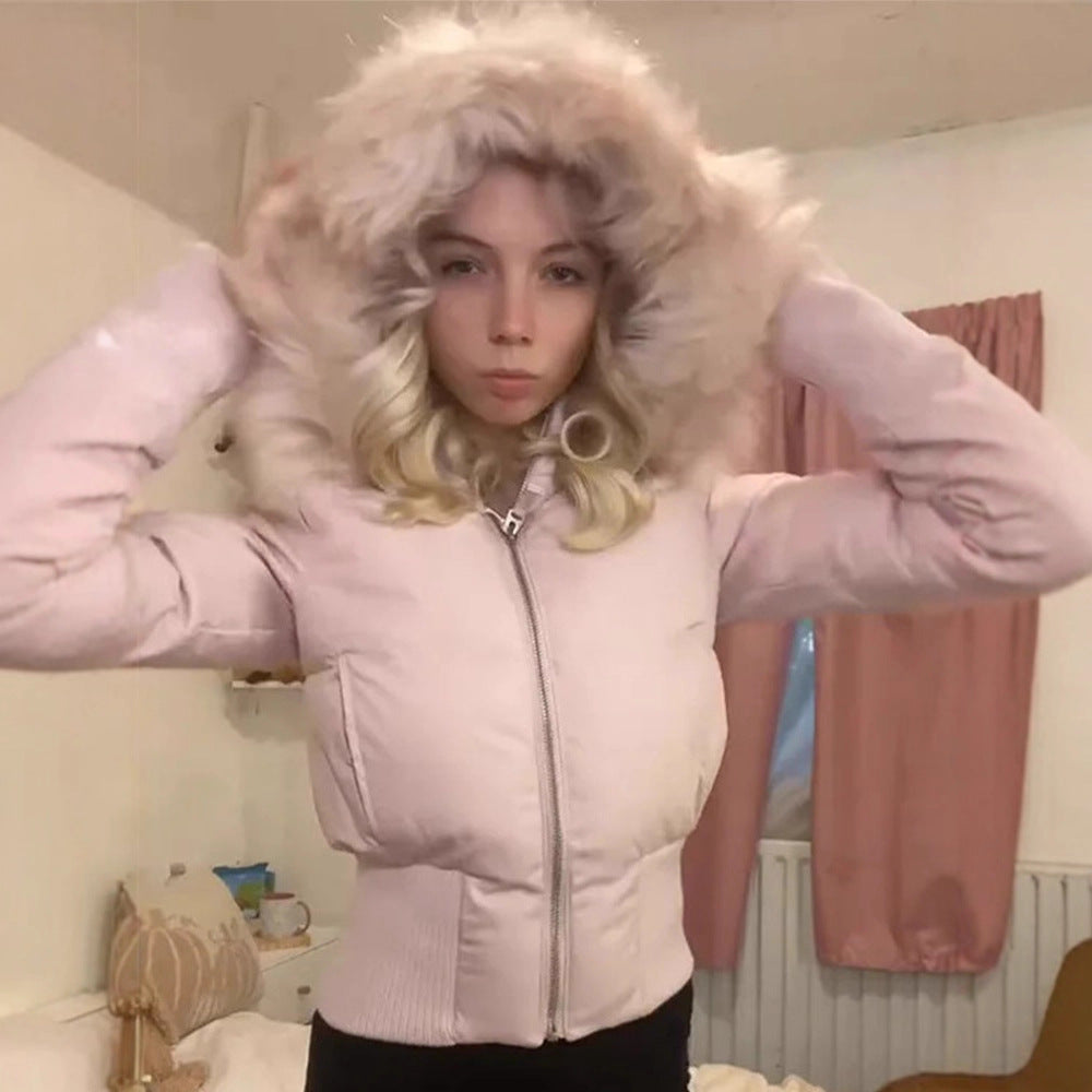 Ladies short quilted bomber style jacket with detachable faux fur hood Mune Fashion