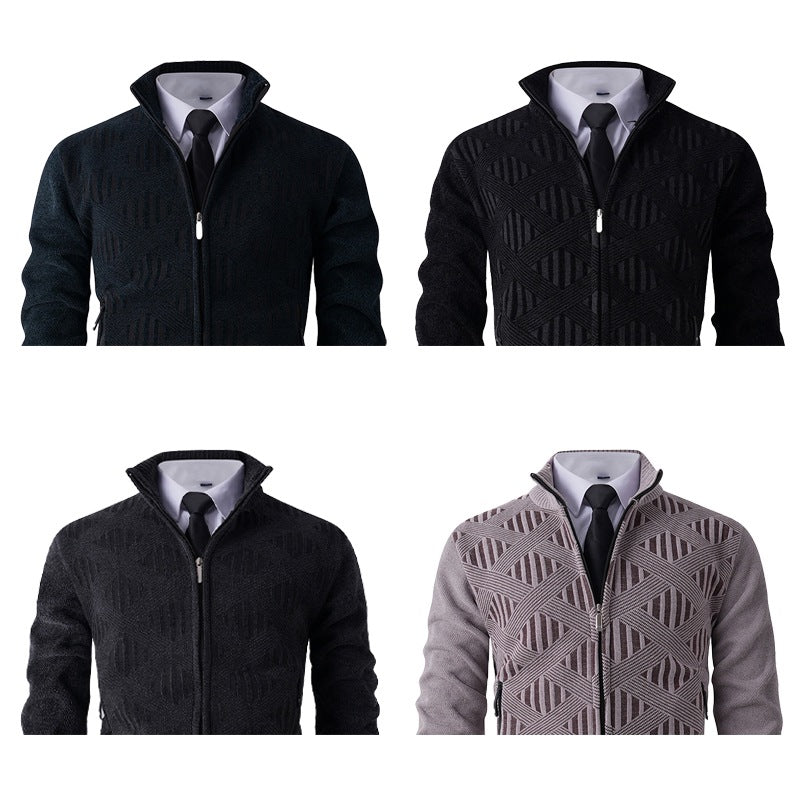 Men's Geometric Jacquard Zip Cardigan with Stand-Up Collar and Zipper Pockets Mune Fashion