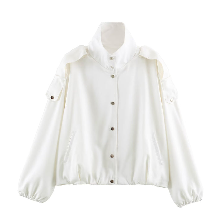 Women Oversize Blouson Jacket with High Stand Collar, Shoulder Patches and Elastic Hem Mune Fashion