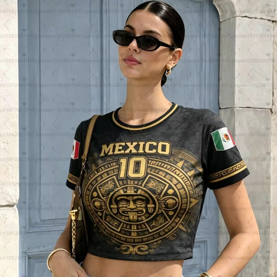 Women nan short Crop-T-Shirt with Aztec pattern and flag patches Mune Fashion