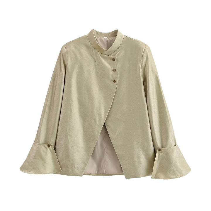 Women Asymmetrical Satin Blouse Jacket with Mandarin Collar and Bell Sleeves Mune Fashion