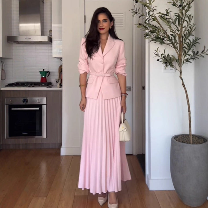 Women's Tailored Blazer and Midi Skirt Set with Pleated Skirt & Tied Belt Mune Fashion