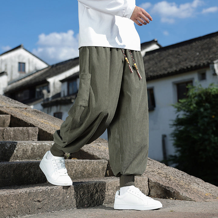 Men's Wide-Fit Harem Jogging Pants made of Fine Cord with Decorative Tassel Drawstring Mune Fashion
