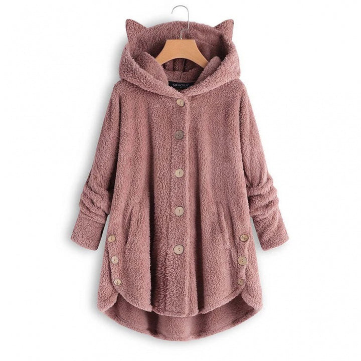 Women's Hooded Teddy Coat with Cat Ears, Button Placket and Asymmetrical Hem Mune Fashion