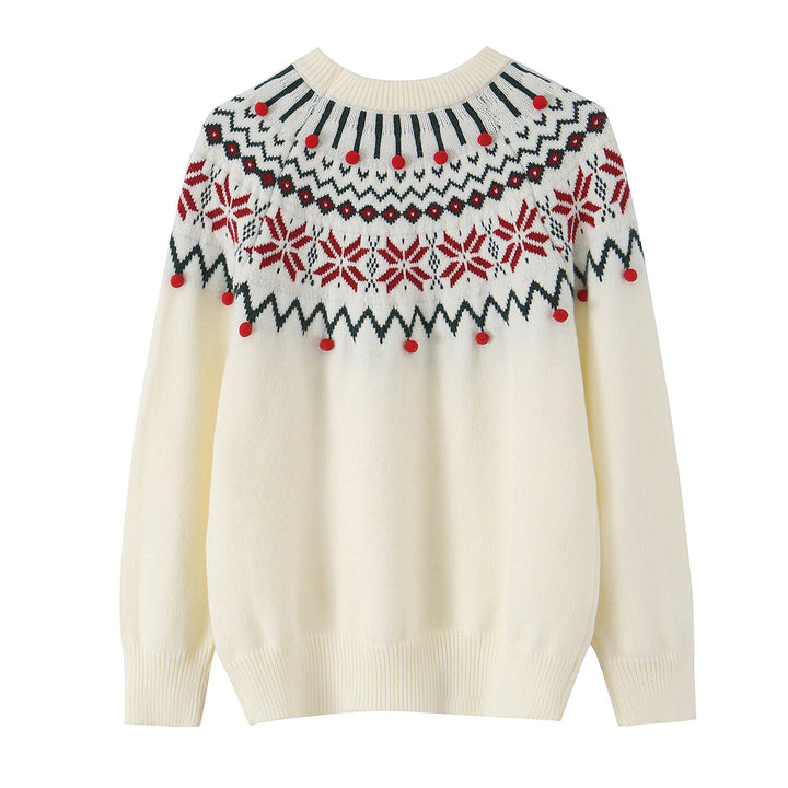 Ladies' Norwegian sweater with round neck, jacquard knitted pattern and decorative pom-pom appliqués Mune Fashion