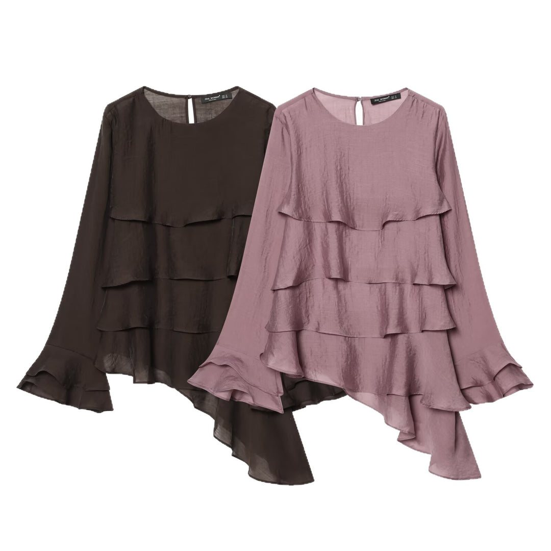 Women's Layered Look Chiffon Blouse with Ruffles and Asymmetrical Hem Mune Fashion