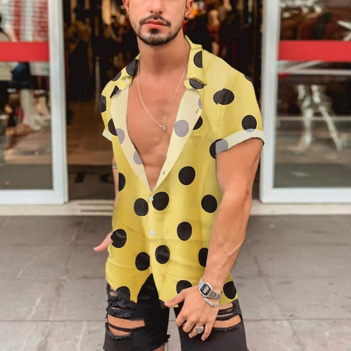 Men's short-sleeved shirt with large polka dot print, deep lapel collar and open button placket Mune Fashion