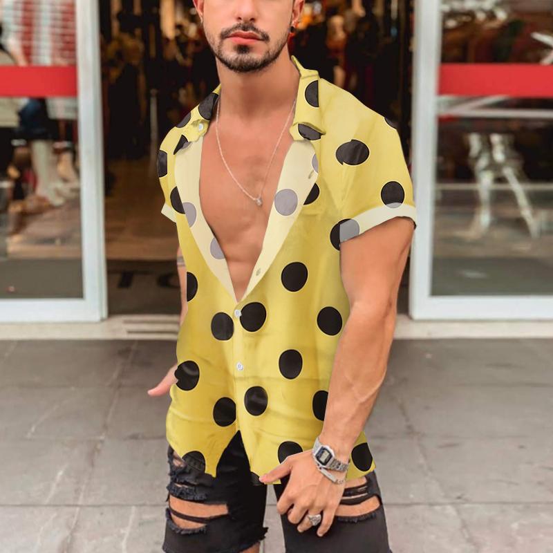 Men's short-sleeved shirt with large polka dot print, deep lapel collar and open button placket Mune Fashion