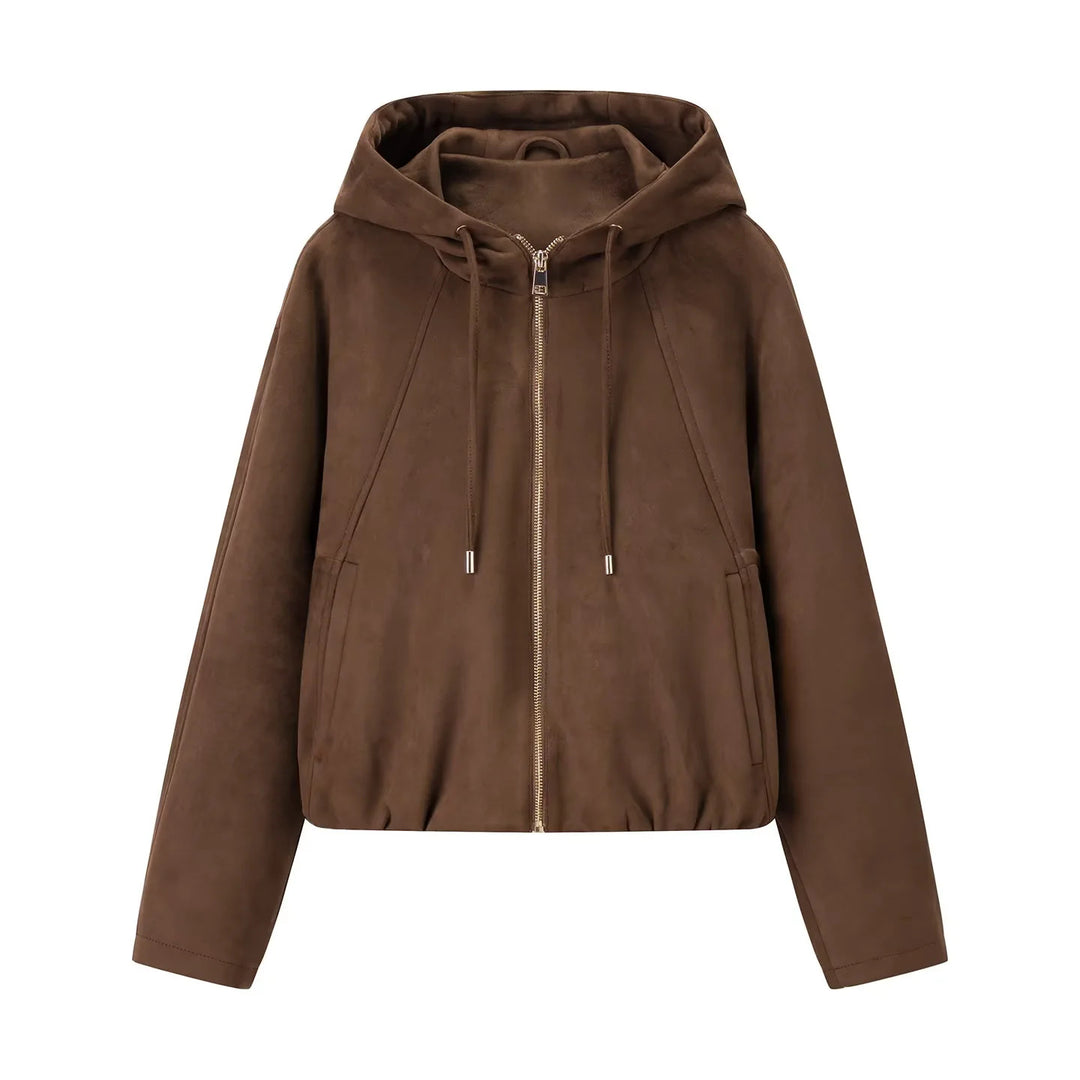 Women's casual velor imitation hoodie jacket with concealed zipper and elastic hem Mune Fashion