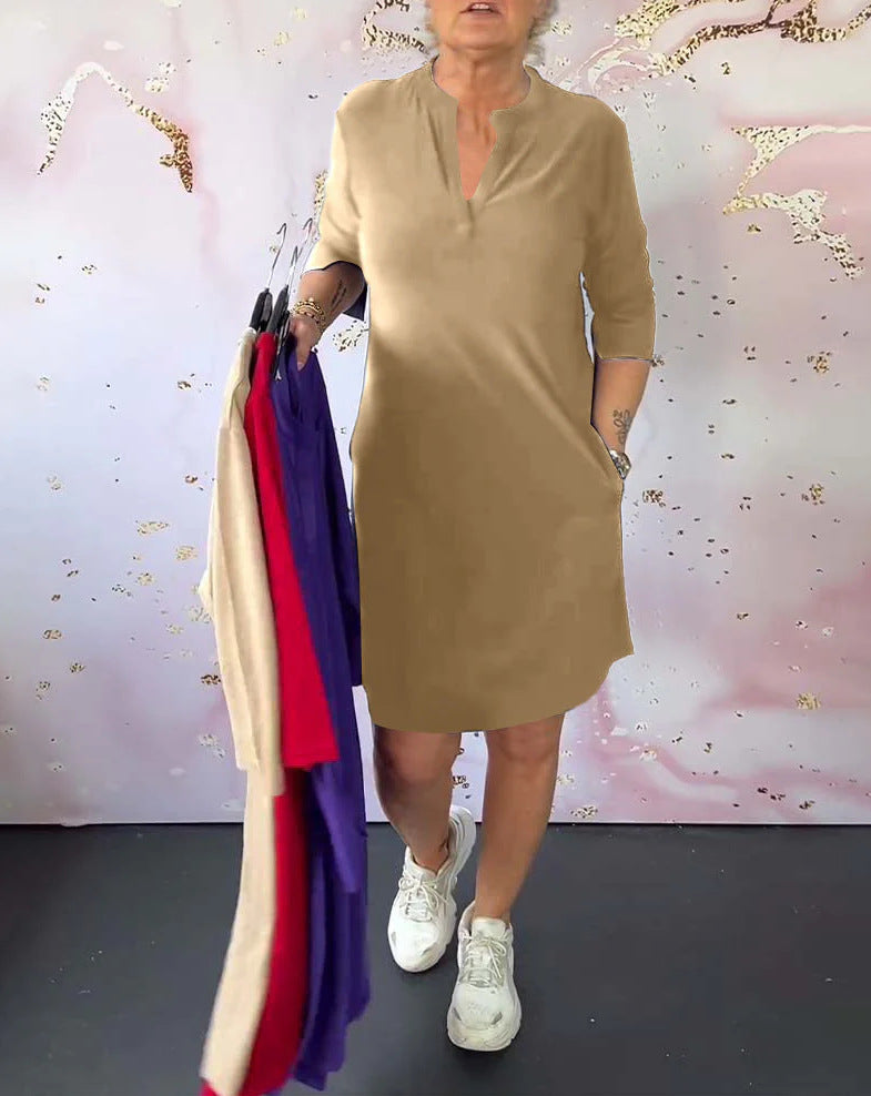 Women's knee-length casual jersey dress with stand-up collar and V-neck Mune Fashion