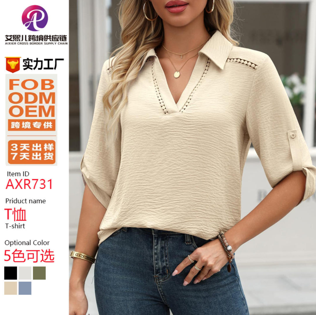 Women's blouse with V-neck, crocheted lace yoke and roll-up three-quarter sleeves Mune Fashion