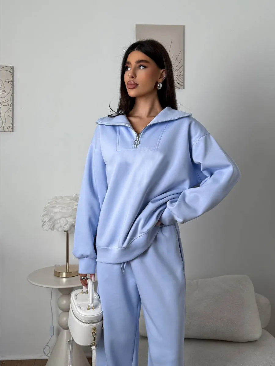 Women's casual sweat set with a half-high zipper collar and wide joggers Mune Fashion