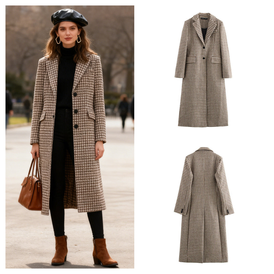 Ladies long-cut checked coat made of wool blend with tailored silhouette, notched collar and flap pockets Mune Fashion