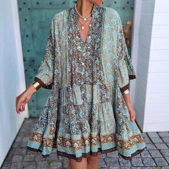 Women's airy Boho tiered dress with V-neck wide batwing sleeves and lace trim Mune Fashion